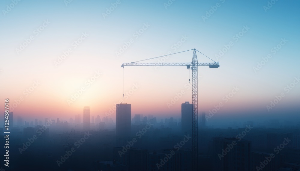 A construction crane stands tall against a hazy skyline at sunrise, symbolizing growth and urban development in a tranquil environment. A construction crane stands tall against a hazy skyline at sunrise, symbolizing growth and urban development in a tranquil environment.