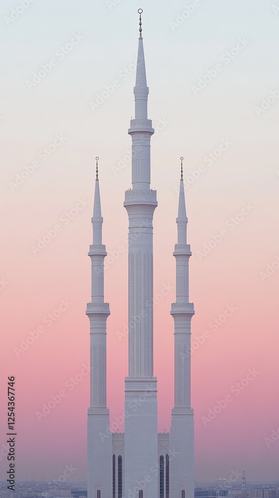 Fototapeta premium Stunning Architectural View of a Modern Mosque Against a Vibrant Sunset Sky with Pastel Colors