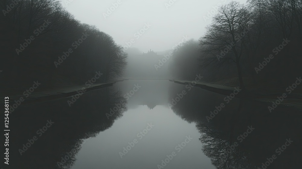Obraz premium Mysterious Foggy Lake with Bare Trees Reflecting in Calm Water on a Misty Morning in a Serene Forest Landscape