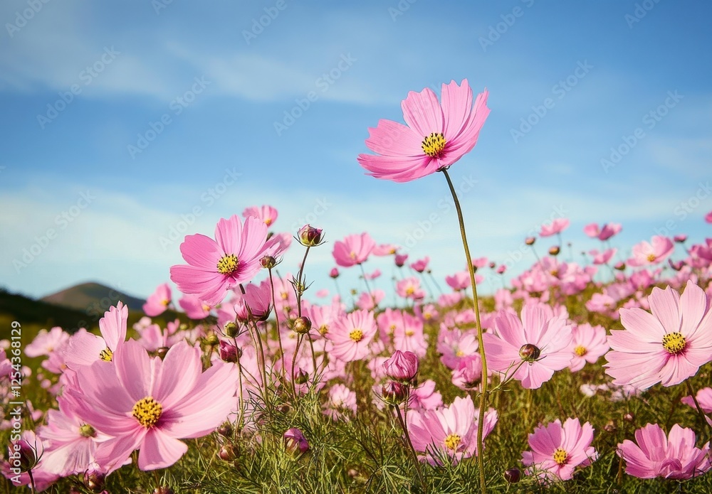 Pink Cosmos Flowers Field Under Clear Blue Sky Pink Cosmos Flowers Field Under Clear Blue Sky