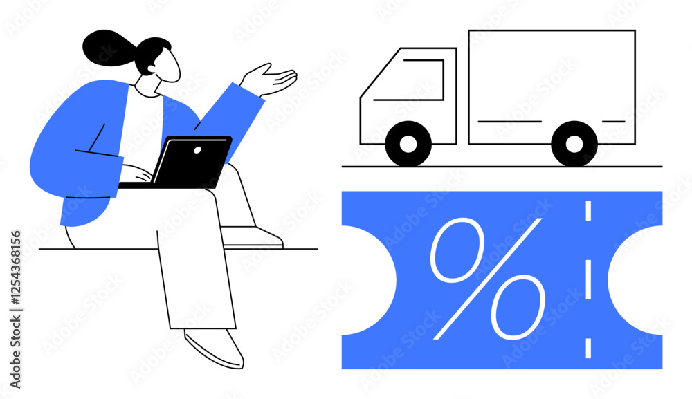 Person working on laptop gesturing towards truck and discount coupon. Ideal for concepts of ecommerce, digital marketing, logistics, delivery services, online purchases, sales promotions, business