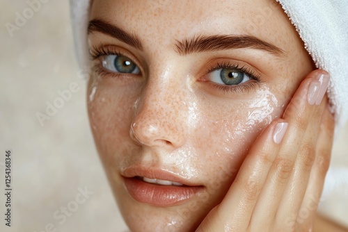 Woman applying facial cleanser skincare routine