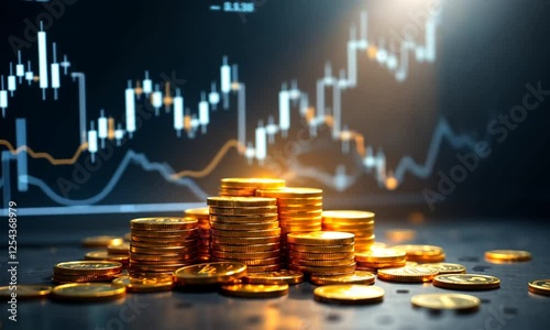 Gold coins, stock market graph, finance, wealth, investment, background