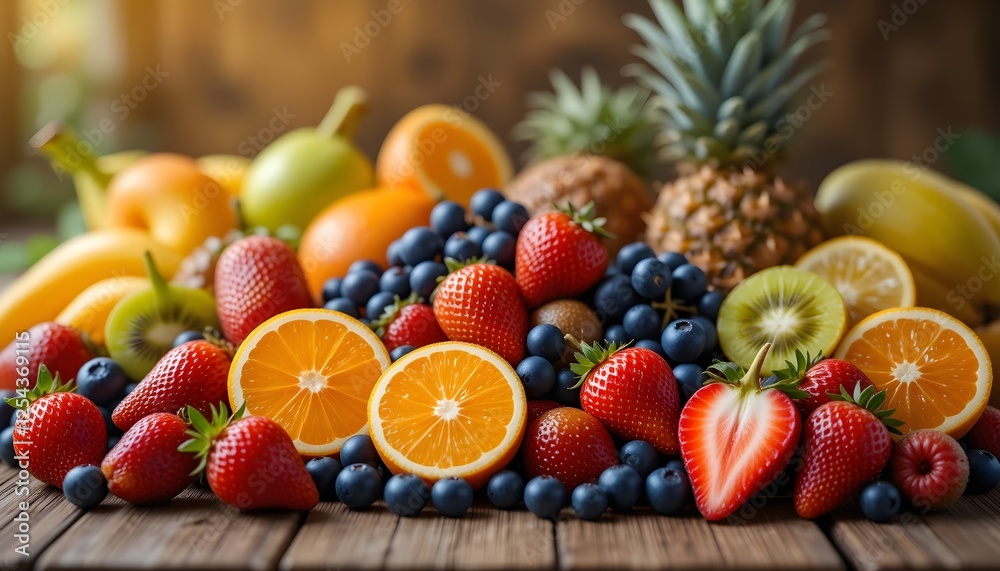 A beautifully arranged assortment of fresh fruits on a rustic wooden table. The selection includes juicy strawberries, blueberries, grapes, sliced oranges, kiwis, pineapples, and bananas, all glisteni A beautifully arranged assortment of fresh fruits on a rustic wooden table. The selection includes juicy strawberries, blueberries, grapes, sliced oranges, kiwis, pineapples, and bananas, all glisteni