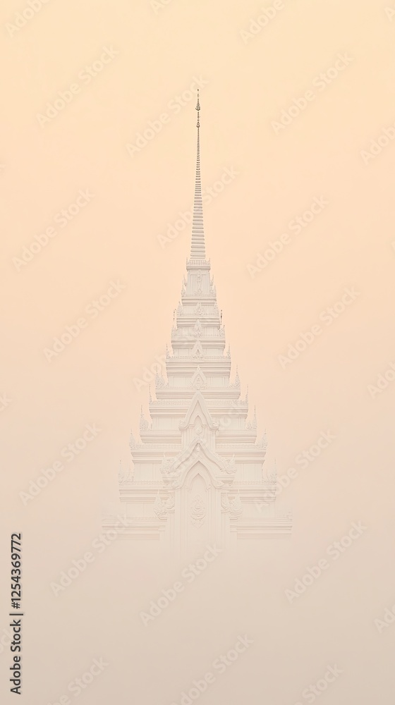 Fototapeta premium Majestic Temple Spire Emerging Through Misty Morning Haze Against Soft Peach Sky in Serene Minimalist Composition