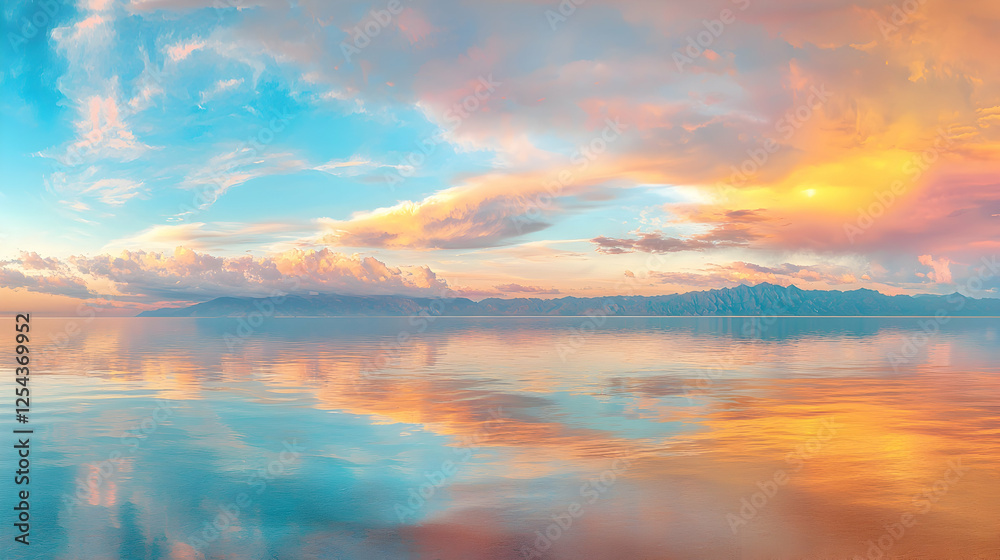 Fototapeta premium Serene sunset over calm lake, mountains reflecting, peaceful scene