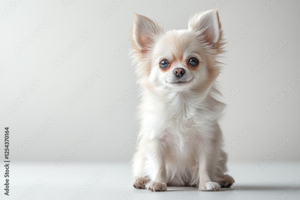 White long-haired Chihuahua sitting and smiling against a white background, high-resolution professional portrait of a happy dog. White long-haired Chihuahua sitting and smiling against a white background, high-resolution professional portrait of a happy dog.