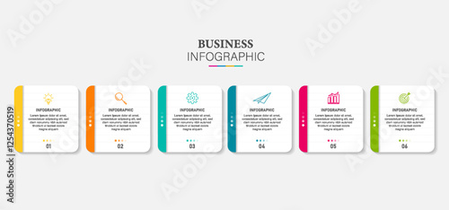 Infographic business model with 6 successive steps. Colorful graphic elements. Timeline design for brochure, presentation. Infographic design layout