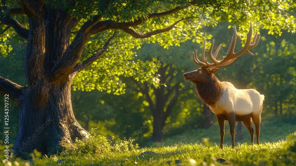 Fototapeta premium Majestic elk standing serenely under a lush tree in a vibrant forest during golden hour