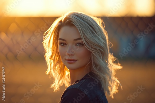 Blonde woman sunset portrait golden hair backlit