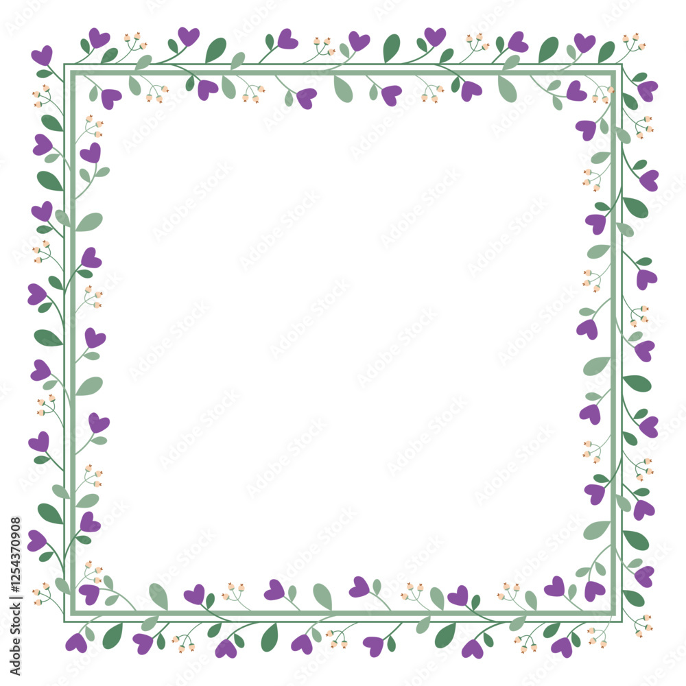Square Borders Frame Or Wreath With Love Purple Flowers And Green Leaves Square Borders Frame Or Wreath With Love Purple Flowers And Green Leaves