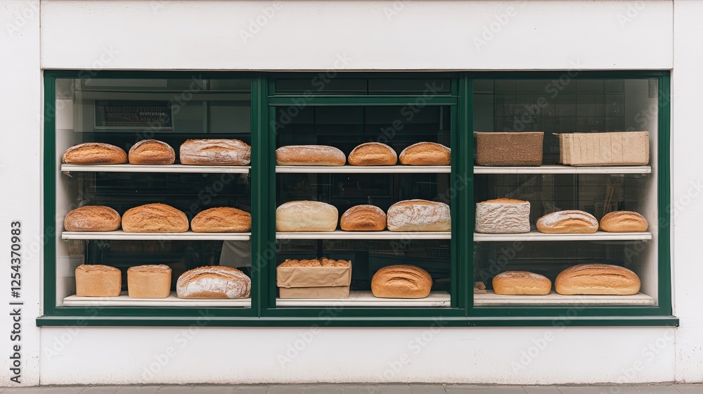 Variety of Freshly Baked Artisan Bread Displayed in Bakery Window with Rustic Loaves and Baguettes Variety of Freshly Baked Artisan Bread Displayed in Bakery Window with Rustic Loaves and Baguettes