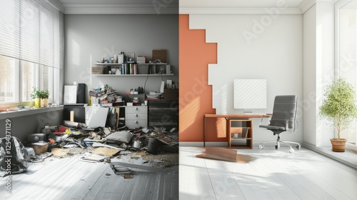 Contrast between cluttered workspace and organized environment showcases the impact of tidiness on productivity and well being. Generative AI