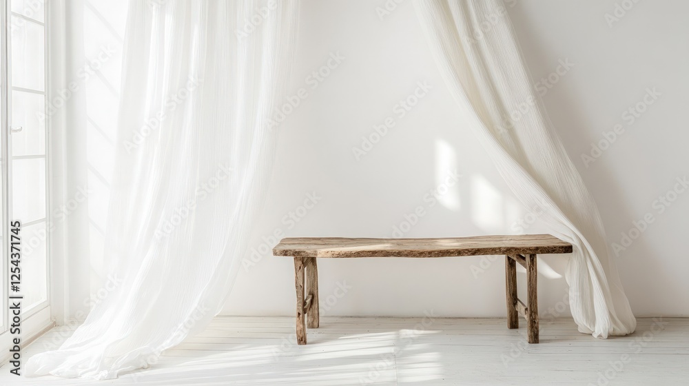 Rustic Wooden Bench in White Room with Lace Curtains and Soft Sunlight Rustic Wooden Bench in White Room with Lace Curtains and Soft Sunlight