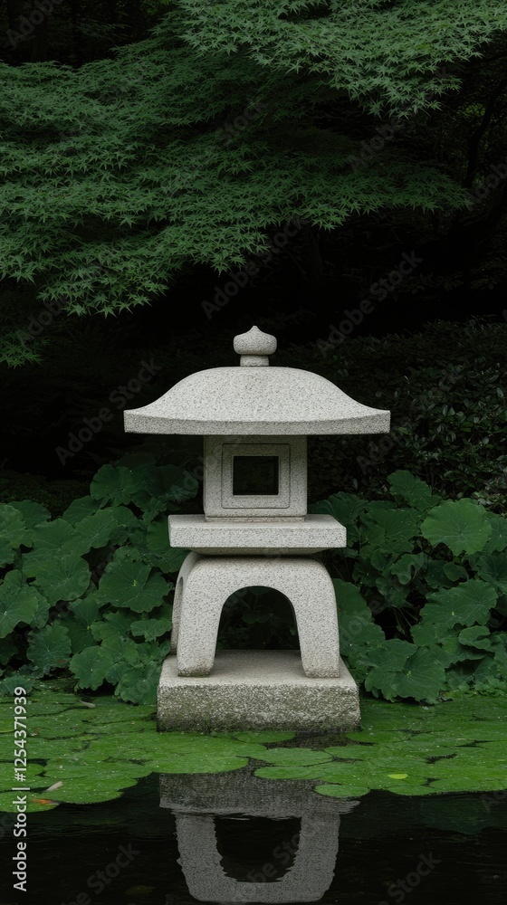 Serene Stone Lantern in Lush Green Garden Reflecting Tranquility and Harmony in a Peaceful Natural Setting