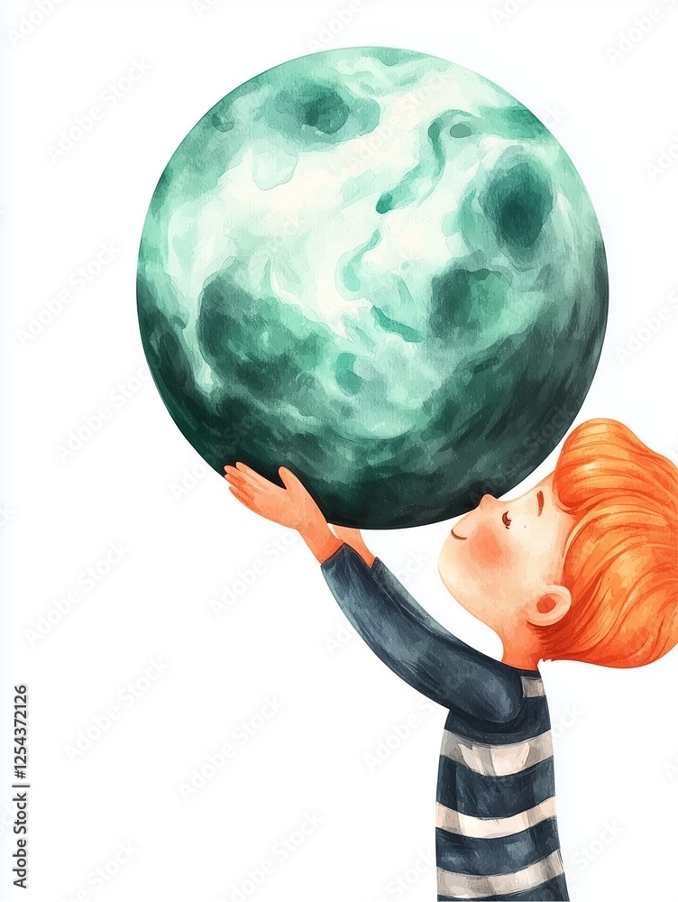 Naklejka premium A boy in striped attire holds a large, textured moon, gazing upward with wonder in a whimsical, colorful illustration.