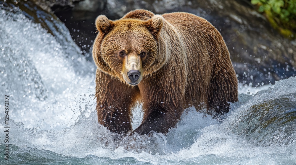 38.An adult brown bear stands in the rushing waters of Brooks Falls, Alaska, poised to catch a salmon as it leaps from the stream. The bear’s powerful frame is contrasted against the lush, green 38.An adult brown bear stands in the rushing waters of Brooks Falls, Alaska, poised to catch a salmon as it leaps from the stream. The bear’s powerful frame is contrasted against the lush, green