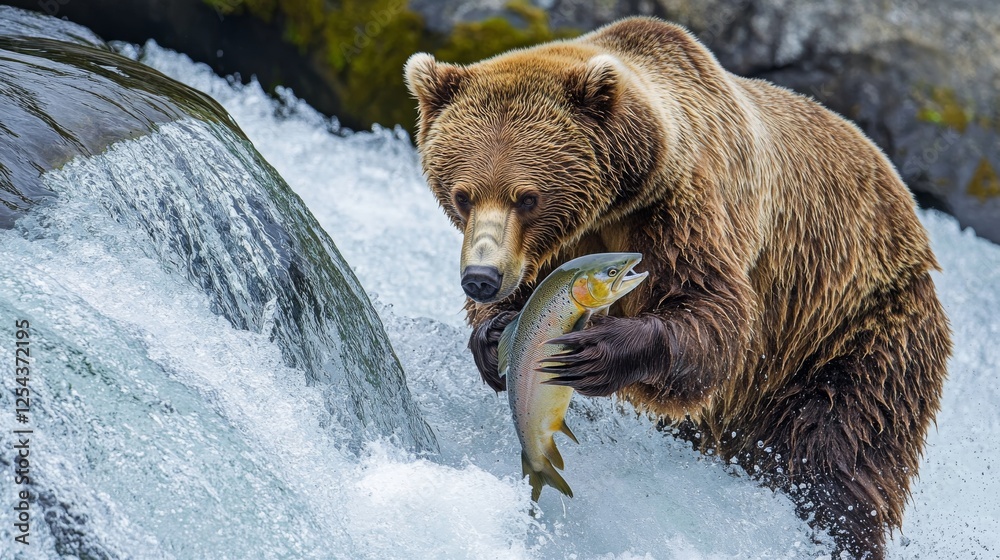 Obraz premium 37.An Adult Brown Bear (Ursus Arctos) Fishing for Salmon at Brooks Falls, Katmai National Park and Preserve, Alaska, United States of America, North America