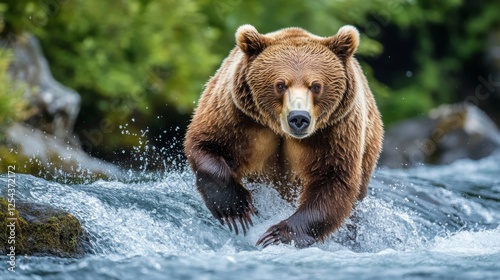 38.An adult brown bear stands in the rushing waters of Brooks Falls, Alaska, poised to catch a salmon as it leaps from the stream. The bearâ€™s powerful frame is contrasted against the lush, green photo