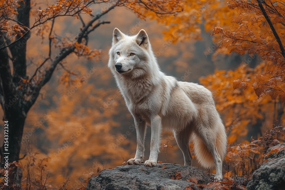 Majestic white wolf standing on rock with autumn foliage in the background, sharp focus on fur detail.