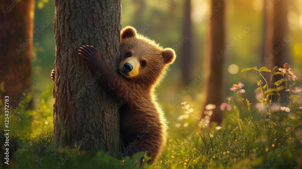 Fototapeta premium 53.A brown bear cub with fluffy fur hugs a tall tree in the middle of a vibrant spring meadow. The cub’s curious expression and small size contrast with the towering trees around it, while the soft