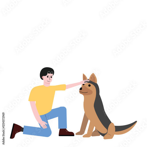 Man stroking dog's head. Training, giving orders and taming dog. Flat vector illustration isolated on white background
