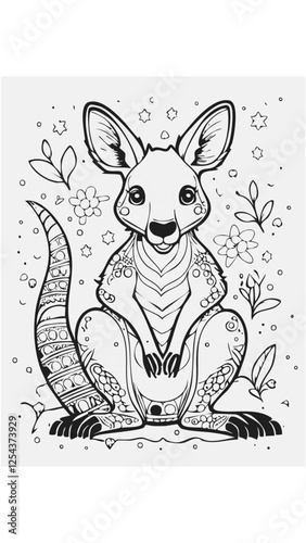 Cute Kangaroo Animal Mammal Coloring Kid Book Page in Black and White. Monochrome and Colored Samples
