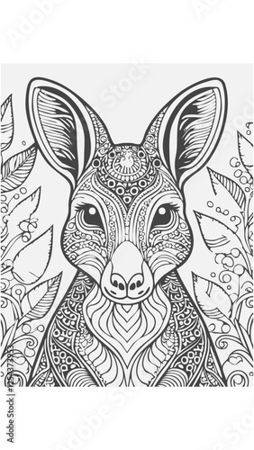 Cute Kangaroo Animal Mammal Coloring Kid Book Page in Black and White. Monochrome and Colored Samples
