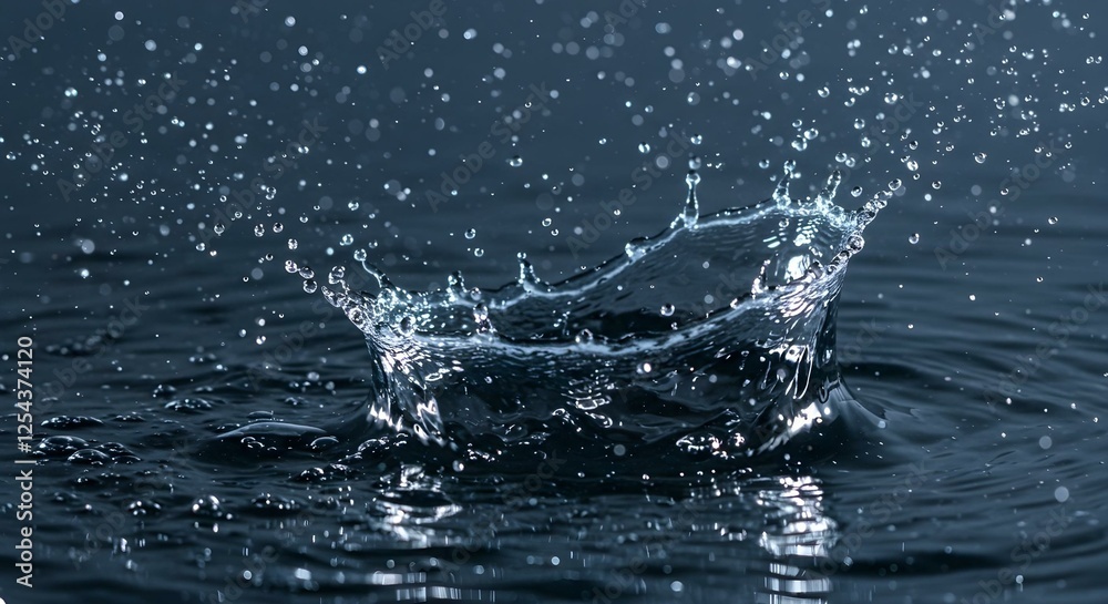 Water Drop Impact Creates Splash with Dark Blue Background and Ripples Water Drop Impact Creates Splash with Dark Blue Background and Ripples