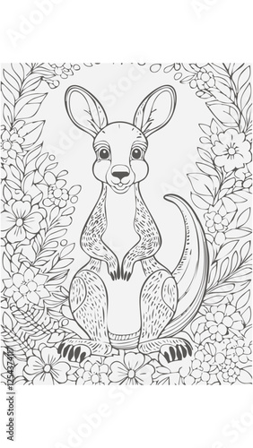 Cute Kangaroo Animal Mammal Coloring Kid Book Page in Black and White. Monochrome and Colored Samples

