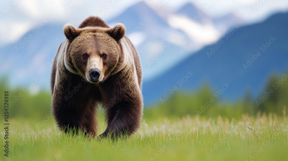 4.A North American brown bear walking confidently in a grassy field, with the blurred silhouette of mountains and the soft blue sky as a backdrop. The bear’s posture is proud, and it looks directly 4.A North American brown bear walking confidently in a grassy field, with the blurred silhouette of mountains and the soft blue sky as a backdrop. The bear’s posture is proud, and it looks directly