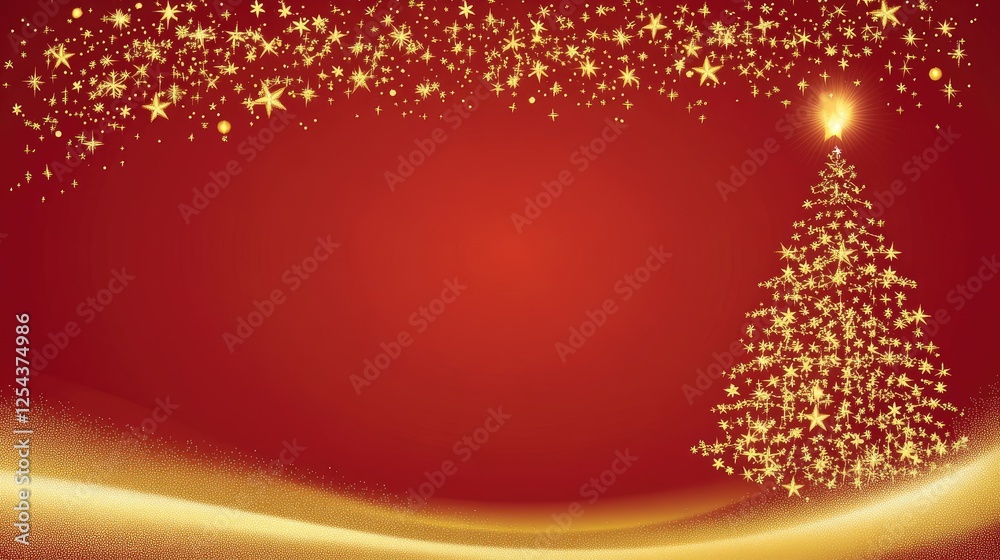 Red background with a glowing golden Christmas tree and twinkling stars, offering ample space for festive text or holiday greetings Red background with a glowing golden Christmas tree and twinkling stars, offering ample space for festive text or holiday greetings