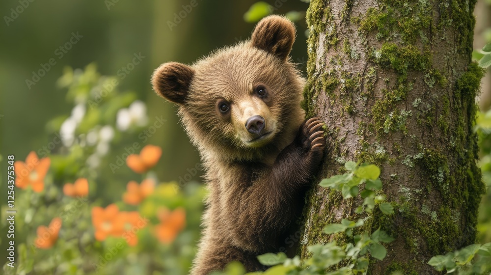 Fototapeta premium 52.A playful brown bear cub wraps its small paws around the trunk of a tree, embracing it in the heart of spring. The forest is lush with fresh green foliage, flowers blooming in the background, and