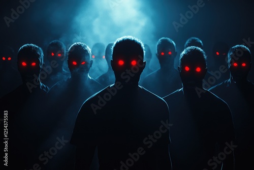 Silhouetted figures with glowing red eyes stand together in darkness photo