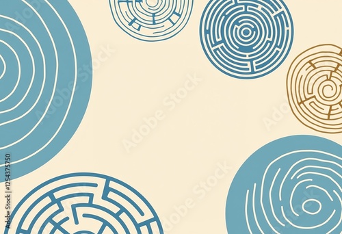 パステルの幾何学的な迷路アート - ライトベージュの背景に青と白のデザイン、家の装飾とスタイリッシュな壁のアートのためのミニマルなモダンポスター

