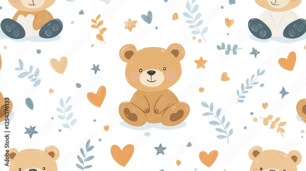 Fototapeta premium 72.A seamless vector pattern featuring hand-drawn teddy bears in cute poses, such as sitting, sleeping, and standing, surrounded by playful hearts, stars, and tiny leaves. The light pastel palette