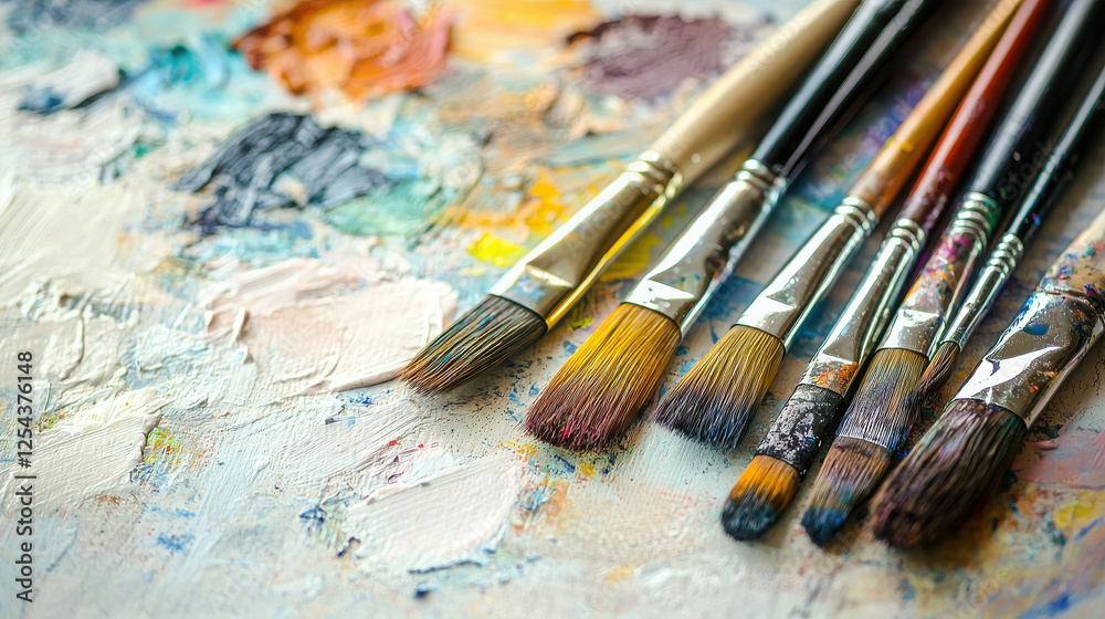 Artistic Arrangement of Paintbrushes on a Colorful Palette of Watercolors and Paints Artistic Arrangement of Paintbrushes on a Colorful Palette of Watercolors and Paints