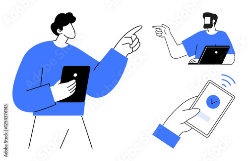 Two individuals engaging in conversation while holding tablets, another interacting with a smartphone. Ideal for teamwork, digital communication, technology integration, remote work, business