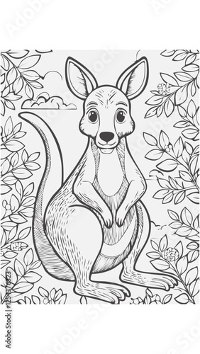 Cute Kangaroo Animal Mammal Coloring Kid Book Page in Black and White. Monochrome and Colored Samples
