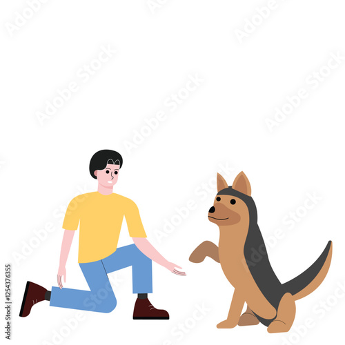 Man training dog to raise hand. Flat vector illustration isolated on white background