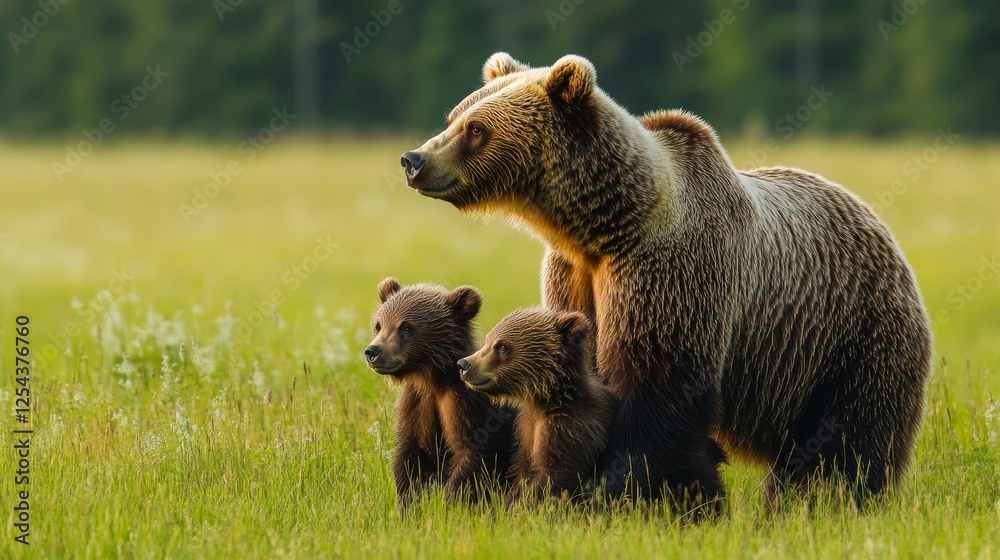 20.A tender moment between a protective female brown bear and her two cubs, surrounded by a lush green meadow. The mother bear stands tall and strong, with her cubs nestled closely at her side. The