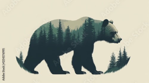 108.A vector graphic of a large brown bear, standing confidently on four paws with a lush, green coniferous forest in the background. The bear strong silhouette is contrasted by the softness of the