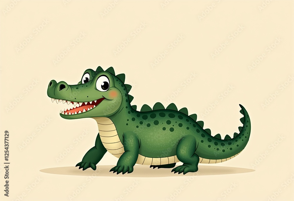 Obraz premium 気まぐれな幸せそうなワニのイラスト - 水彩スタイル、中性的な色合い、淡いベージュの背景にかわいらしくて魅力的な絵本風アート