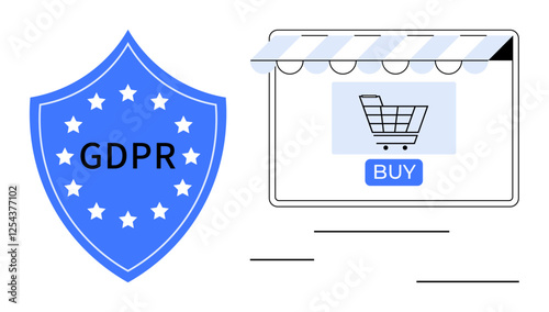 Shield with GDPR text next to an online store window displaying a shopping cart and buy button. Ideal for data privacy, security, e-commerce, consent, compliance, regulations, internet safety