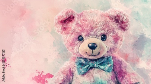 78.A vintage-inspired watercolor illustration of a coquette teddy bear with fluffy fur and a sweet, playful expression. The bear wears a stylish bow tie and looks directly at the viewer with big,