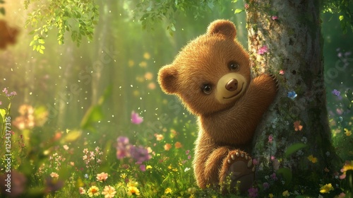 114.An adorable brown bear cub, its small paws wrapped around a tree, enjoying the beauty of spring. The surrounding scene is filled with fresh greenery, colorful flowers, and soft sunlight, evoking
