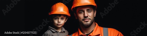 Father and Son in Safety Gear Pose for a Protective Industry Photo