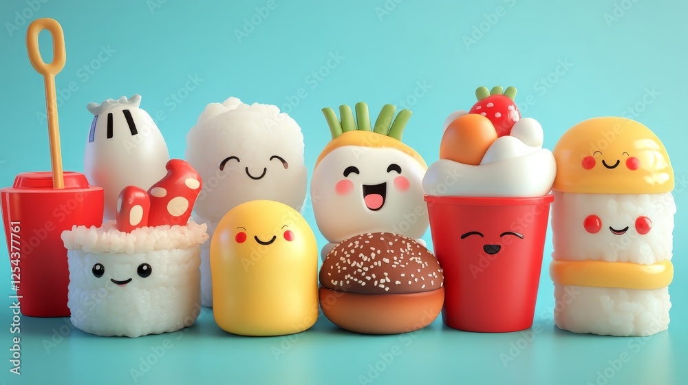 3D kawaii-style food characters with smiling faces and soft shading. 3D kawaii-style food characters with smiling faces and soft shading.