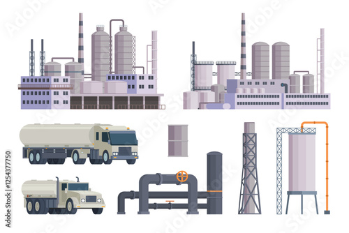 Oil refinery set or collection vector illustration. Editable chemical factory design with modular industrial elements