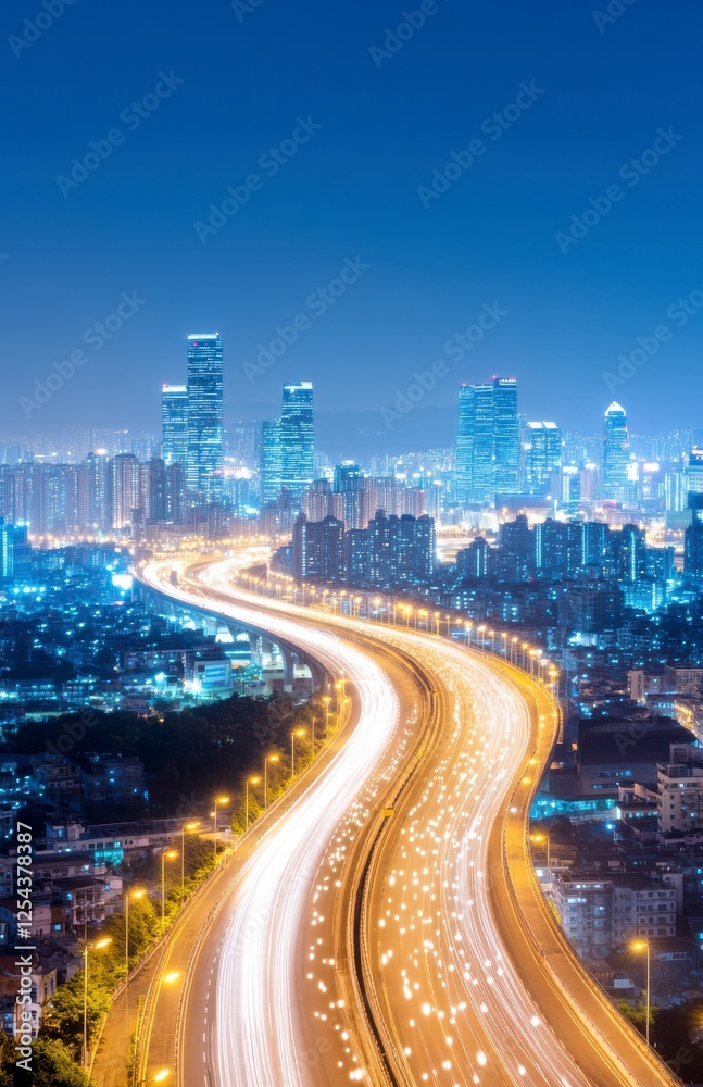 Elevated Night View of City Highway and Skyline Elevated Night View of City Highway and Skyline